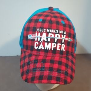 Cherished Girl Jesus Makes Me A Happy Camper Hat 100% Cotton Red Black Plaid